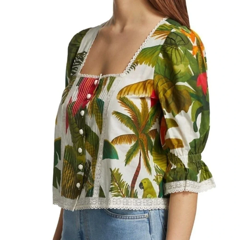 Farm Rio Green White Lace Trim Puff Sleeve Square Neck Button Front Top NWT M